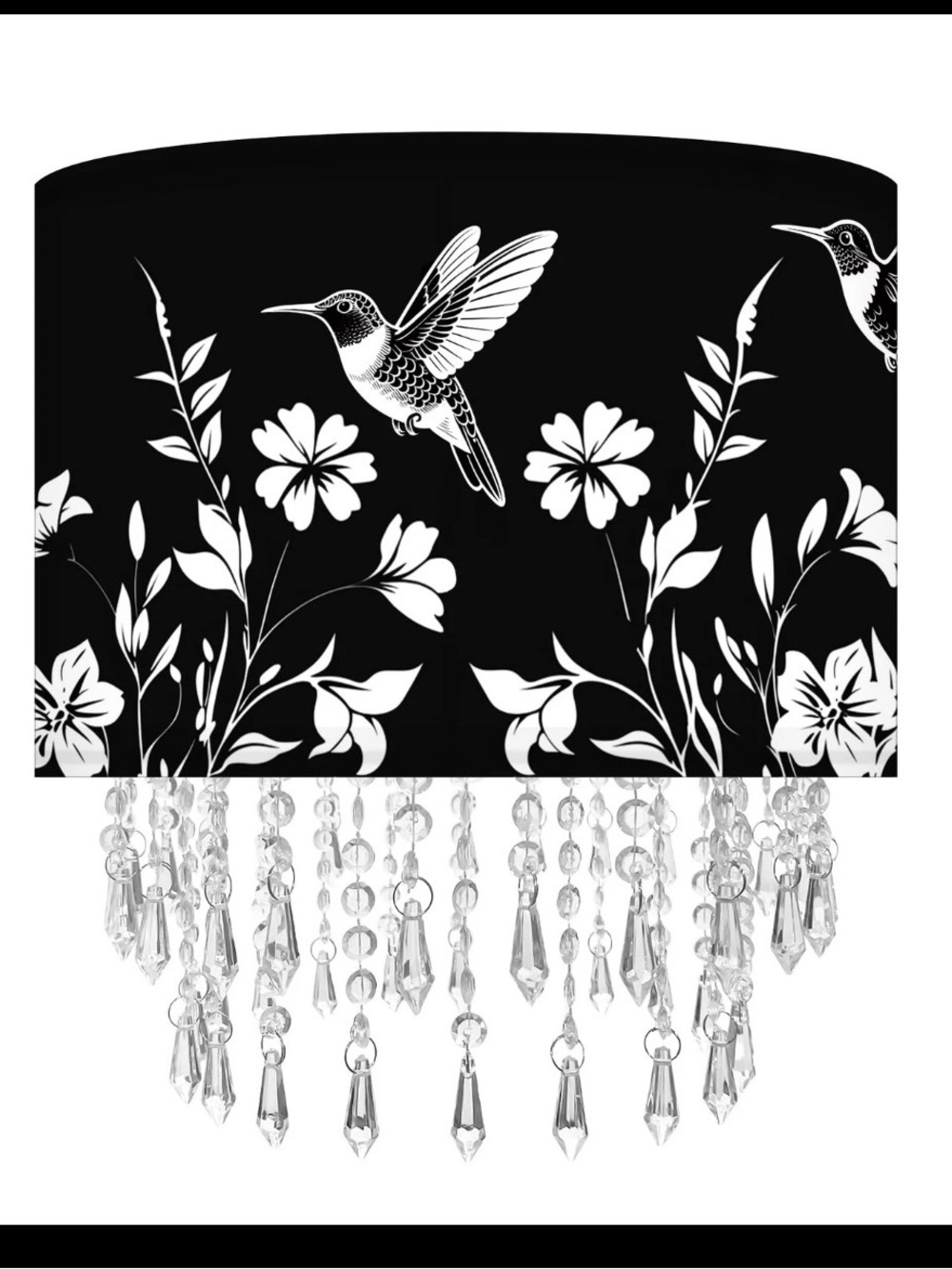 Black and White Hummingbird Floral Wall Sconce with Crystal Fringe